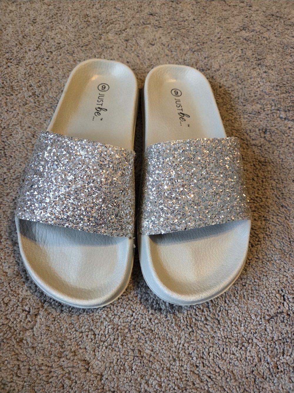 Just Be Silver Sparkly Glitter Slide Sandals Size 9